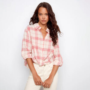 charliebcandyyarndyecottonplaidtwistfrontshirtwithroll uplongsleeve 1