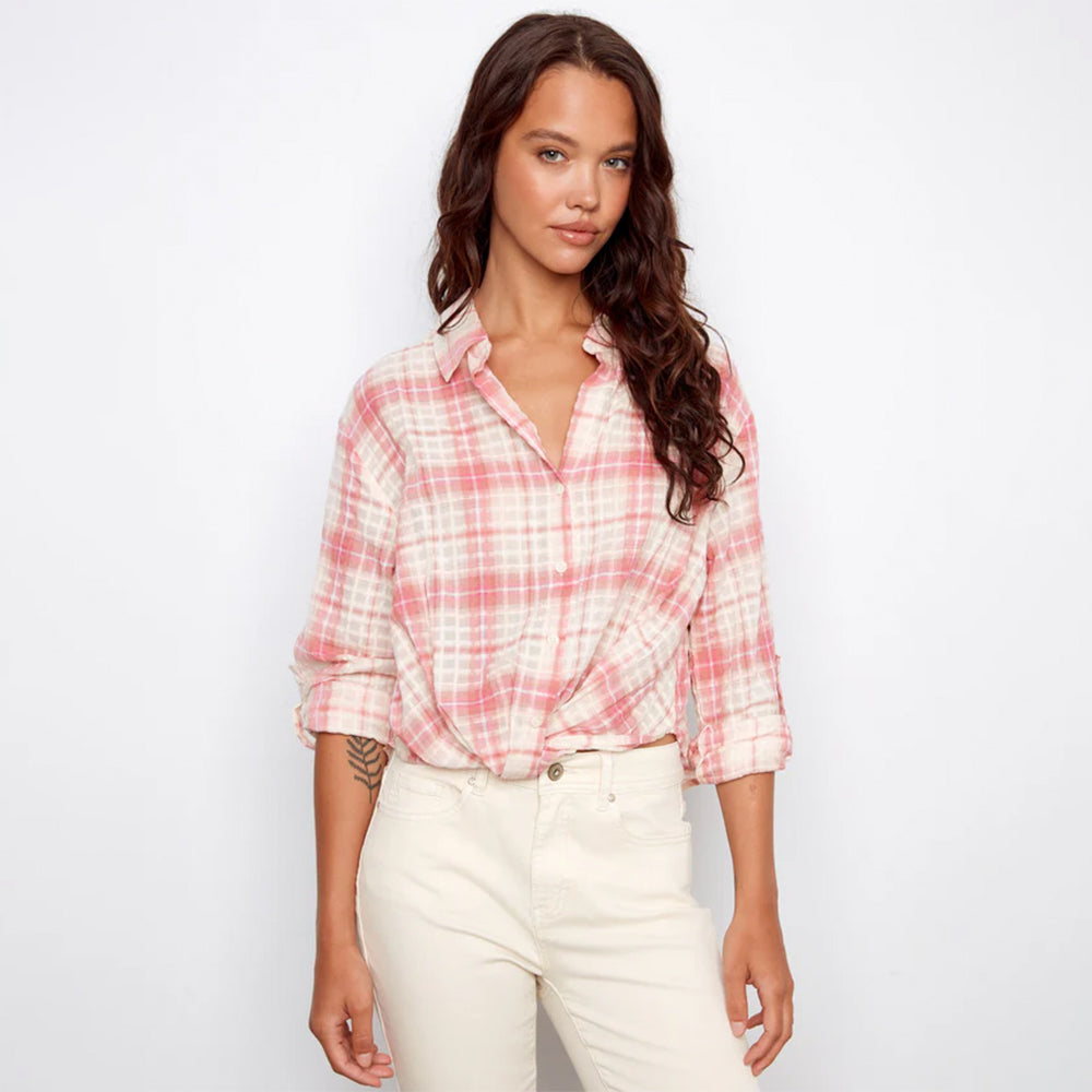 charliebcandyyarndyecottonplaidtwistfrontshirtwithroll uplongsleeve 2 charliebcandyyarndyecottonplaidtwistfrontshirtwithroll uplongsleeve 2