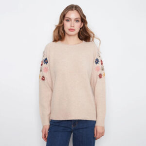 charliebh almondlongsleeveraglansweaterwithembroidery