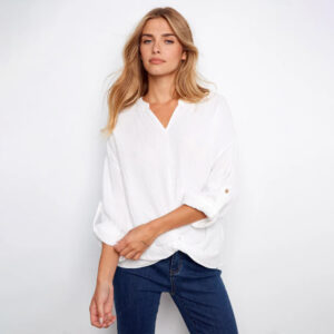 charliebwhitelongrollupsleevesplitneckblousewithfrontknotdetail