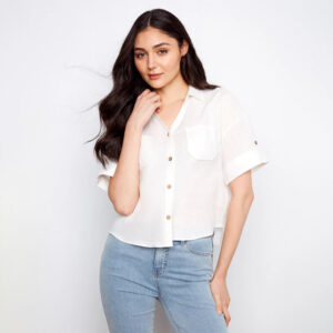 charliebwhiteshortsleevebuttonfrontlinenblousewithpatchpockets 1