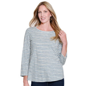 multipleschambray34sleevescoopnecktopwithshapedhem 2