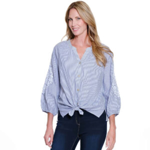 multipleschambrayblue34raglansleevebuttonfronttiewaistshirt
