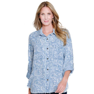 multiplesdenimprintrolltablongsleevebuttonfrontfringedshirt