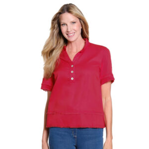 multiplesfieryreddoublefringehemshortsleevebuttonfronttop