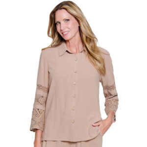 multipleskhaki34sleevebuttonfrontshirtwithlacetrim