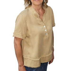 multipleskhakidoublefringehemshortsleevebuttonfronttop