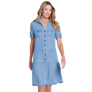 multipleslightindigotabshortsleevedropshoulderbuttonfrontflouncehemdress