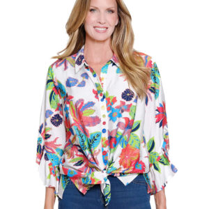 multiplesmultiflounceelbowsleevebuttontiewaistshirt