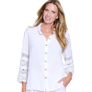 multipleswhite34sleevebuttonfrontshirtwithlacetrim